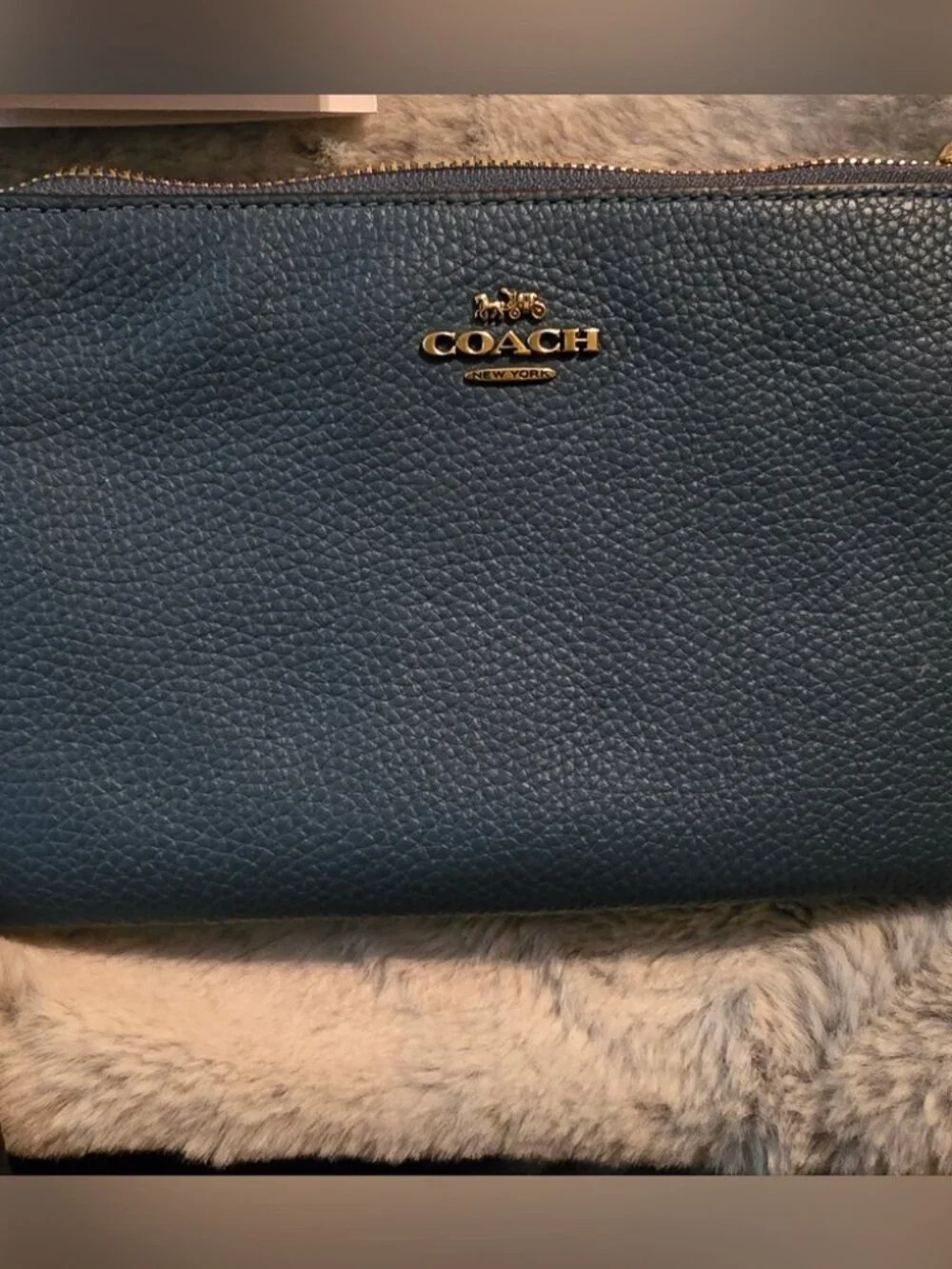 Coach Blue Pebble Leather Wristlet – Gold Hardware, Detachable Strap